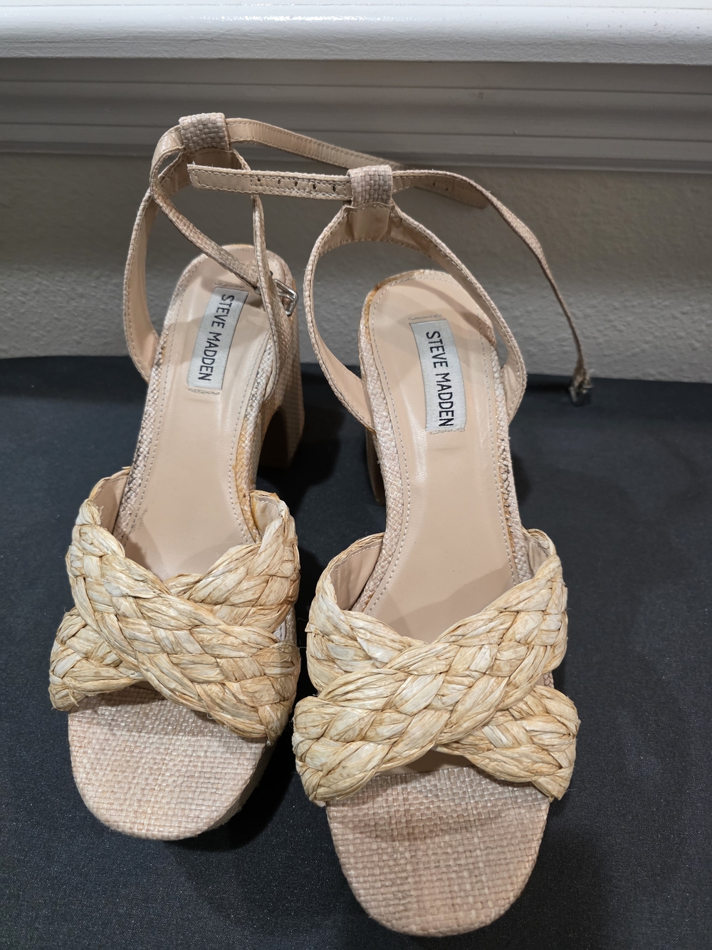 Steve Madden Beige Braided Raffia Block Heel Sandals